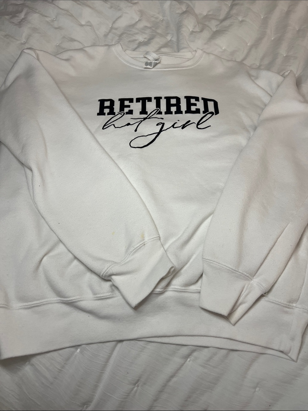 MAC Cosmetics White Crewneck Sweatshirt with Black "RETIRED hot girl" Script